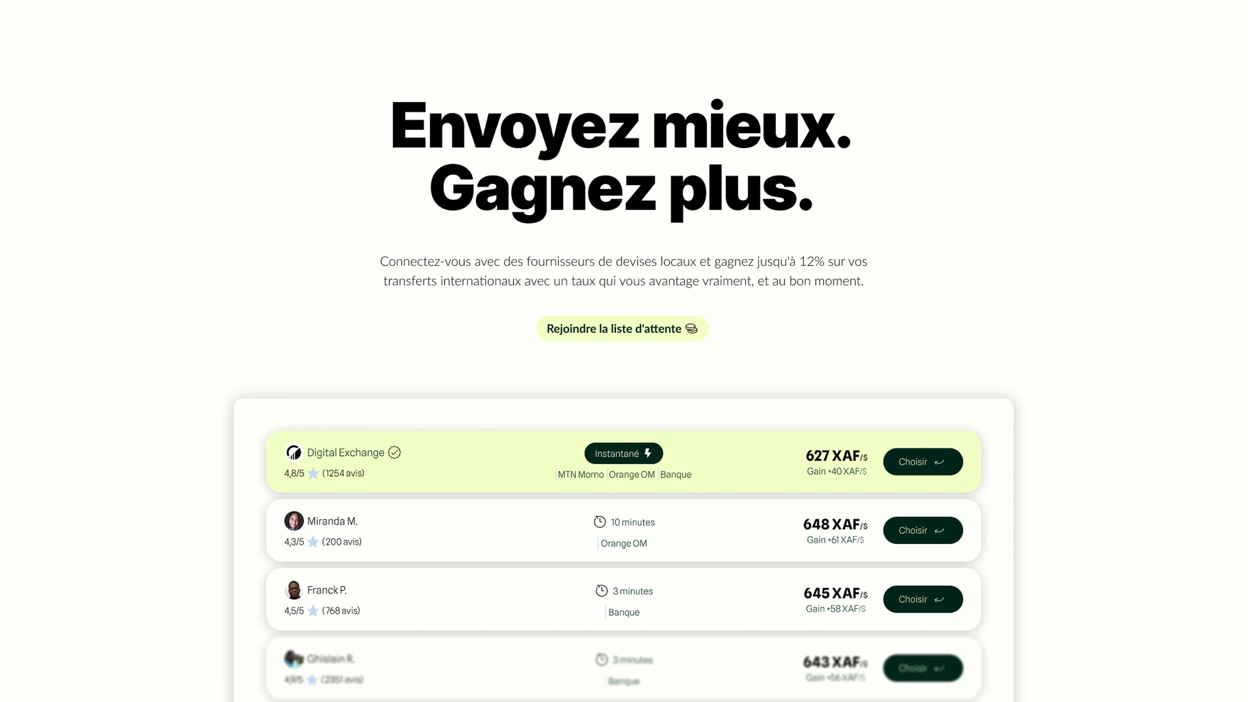 Interface de Xend Send, transferts internationaux